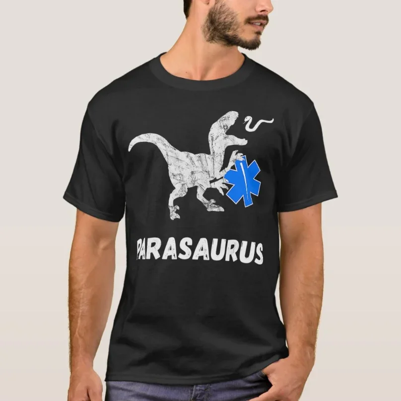 Funny EMT Dino First T-Rex Paramedic Dinosaurs T-Shirt 100% Cotton O-Neck Summer Short Sleeve Casual Mens T-shirt Size S-3XL