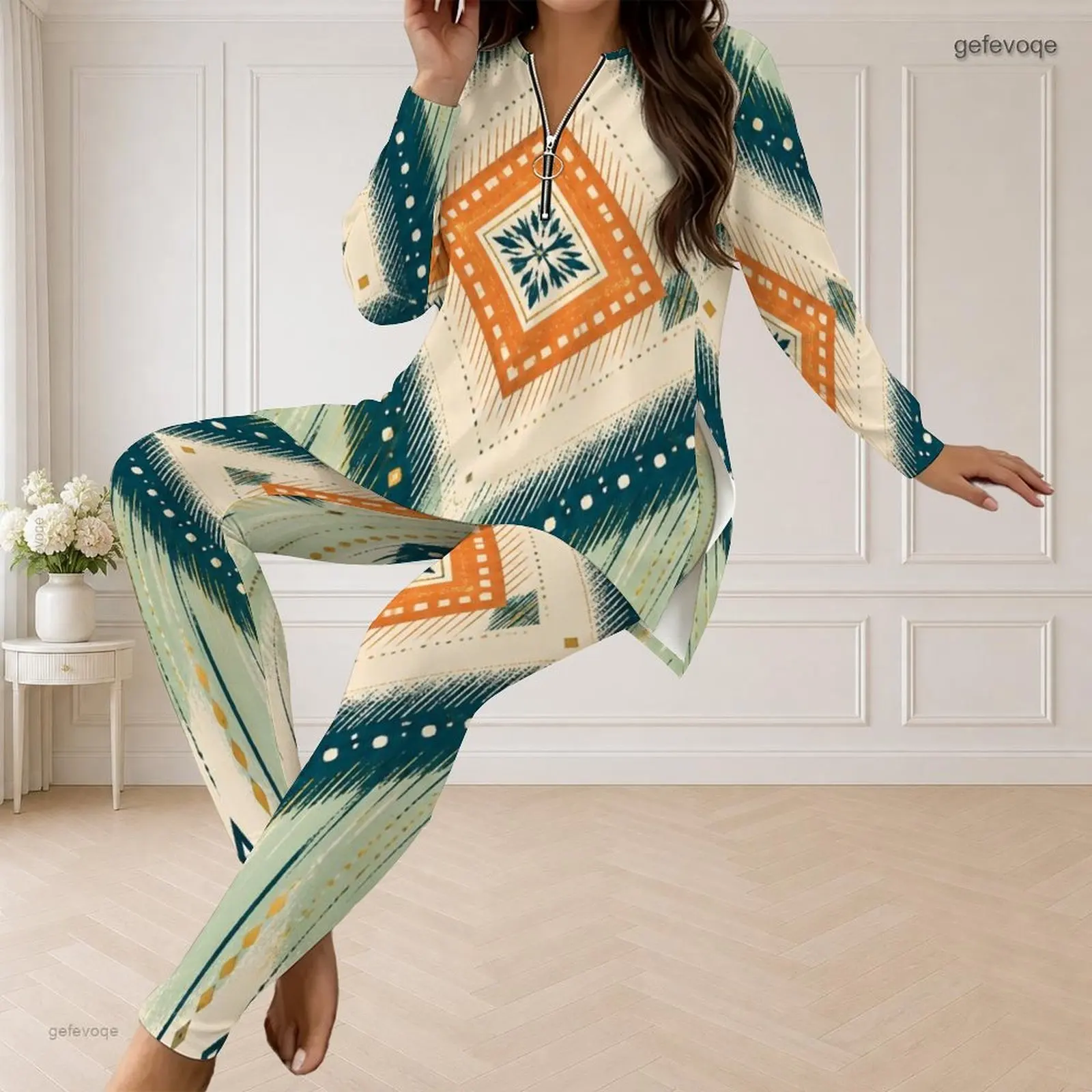 Fall Graphic Print Plus Size Sets Women V Neck Boho Ethnic Diamond Geometric Plus Size Clothes Womens Clothing For Loungewear