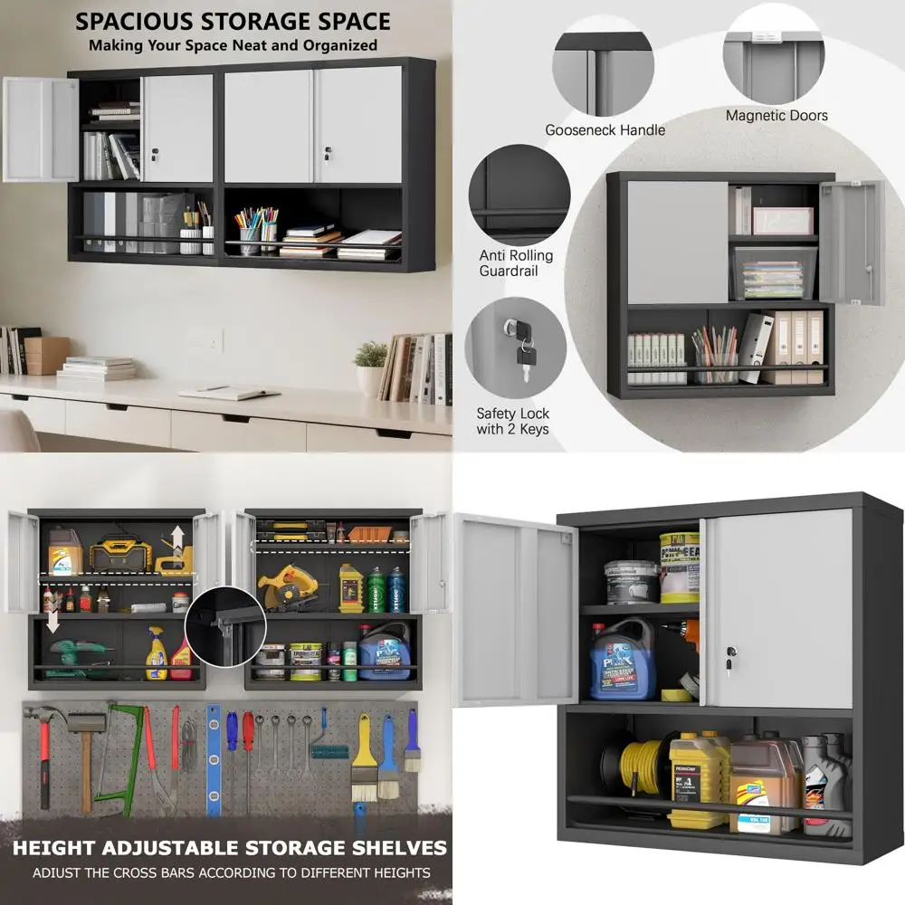 

Настенный шкаф для хранения с регулируемыми полками, подходит для гаража, кухни или офиса, черный и серый цвета