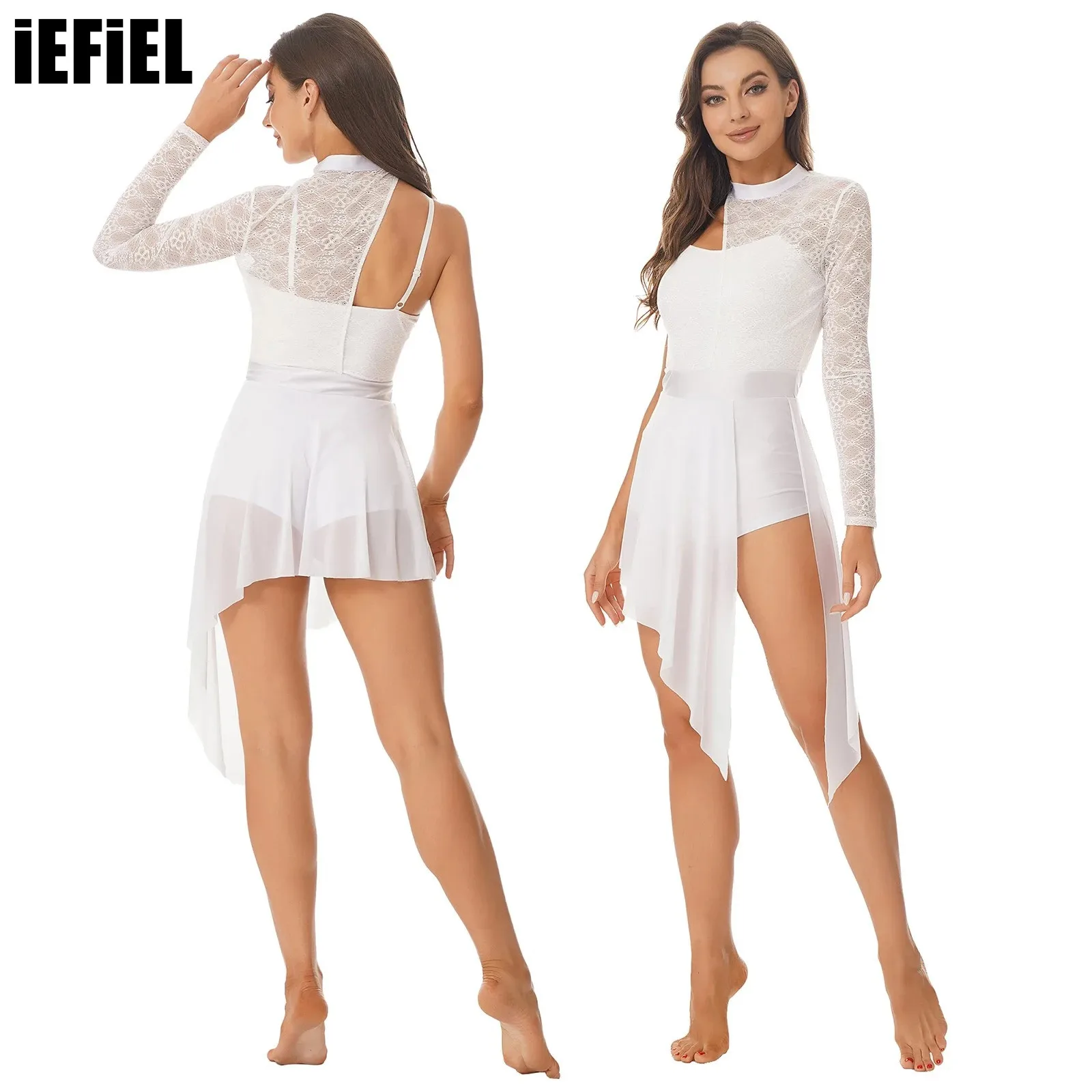 

Fashion Women Lace Ballet Leotard Patchwork One Shoulder Leotard Dress Split See-through Mesh Asymmetric Hem