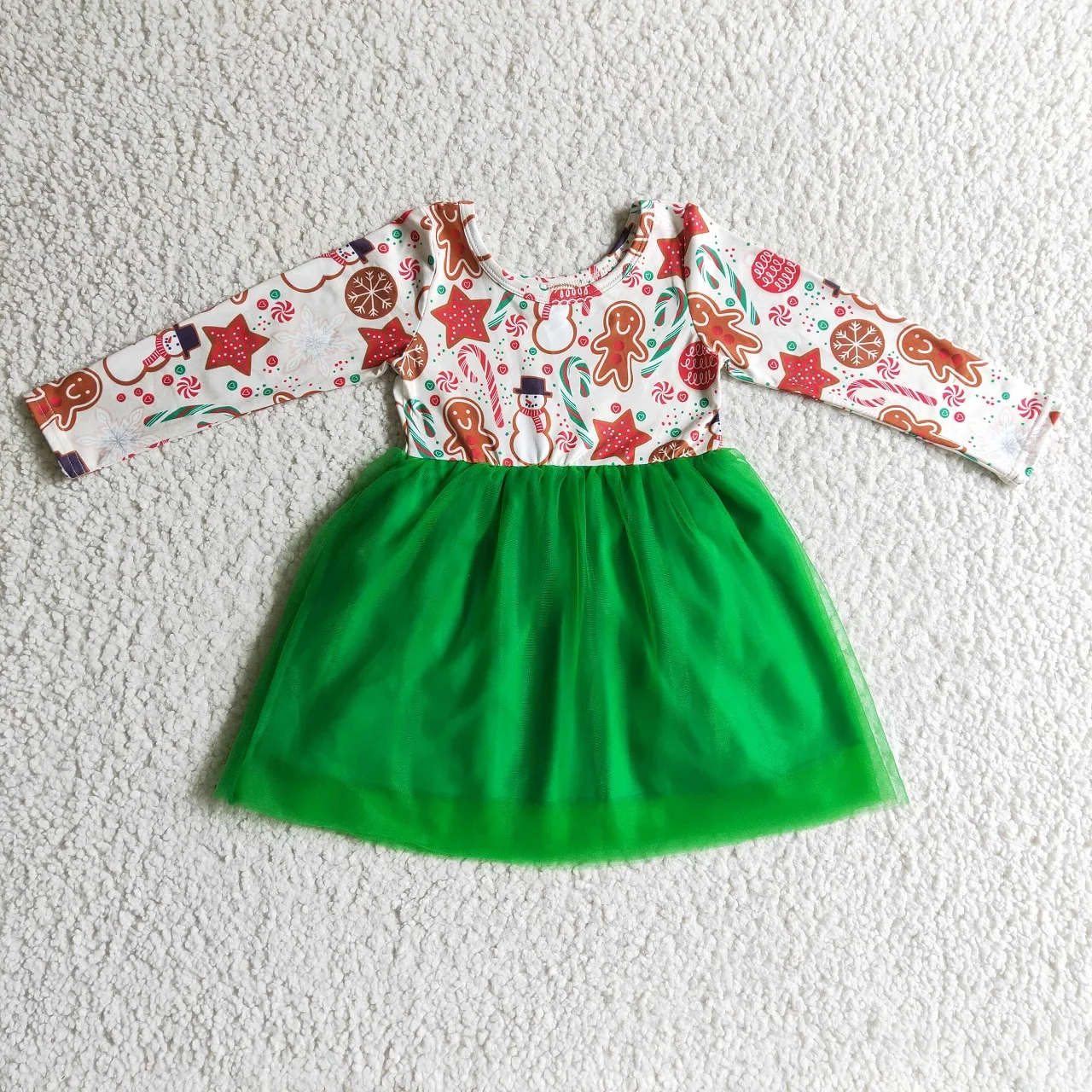 Promotion Infant Toddler Christmas Gingerbread Kids Children Knee Length Clothing Baby Girl Long Sleeves Green Tulle Dress