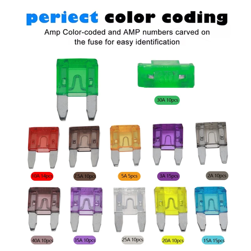 【1Set】Mini Size Blade Type Car Fuse Assortment 5/7.5/10/15/20/25/30/35A Fuse Set Auto Car Truck with Box Clip