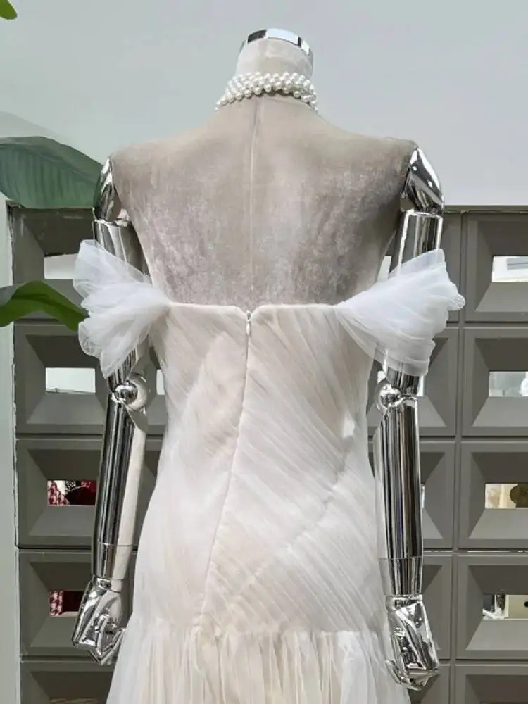 DFDG فستان سهرة نسائي أنيق مطوي من التل بدون حمالات فستان حفلات الزفاف رقبة فاخرة زفاف رسمي لربيع وصيف 2025