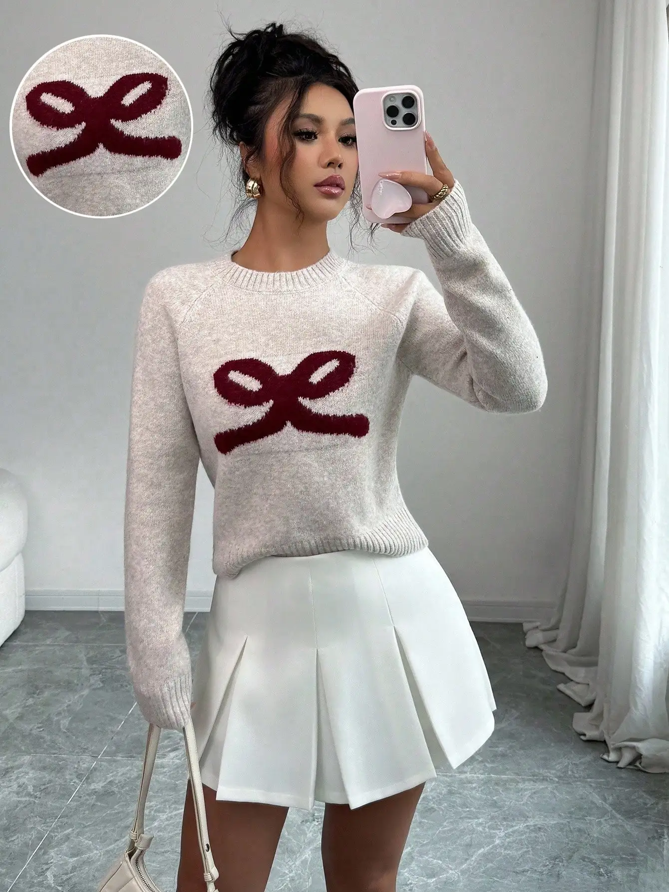 

Women's Loose Fit Bow Print Pullover Sweater, Casual Cute Knit Top for Fall Winter