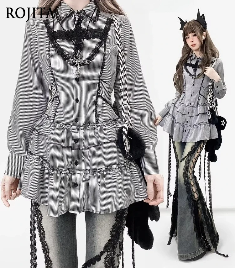 

Subculture Black Striped Long Sleeve Shirt Dress Mid-Length Turn-Down Collar Slim Fit Patchwork Lace Cross Cake Top