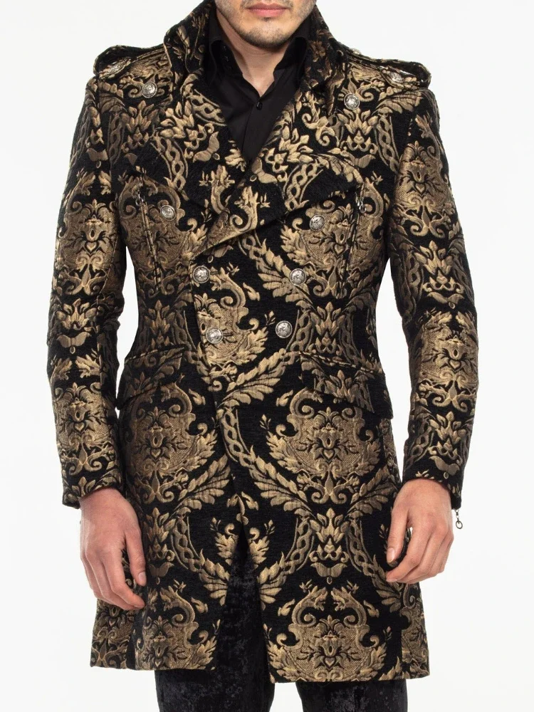 Jaqueta longa de terno floral masculino, blazer Jacquard masculino, casaco feito sob medida, lapela de entalhe, trespassado duplo, uma peça, moda, 2024