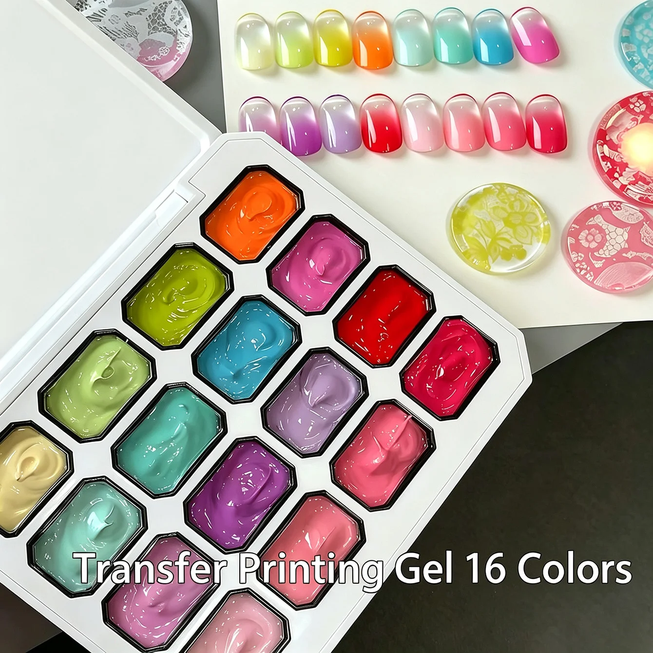 16 Farben Solid Patting Transferdruck-Gel-Set, No-Wipe Nail Art Gel-Lack, hohe Sättigung, Farbverlauf, Blush Painting Gel, UV LED – Detail 4