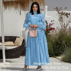 Light Blue Party Dresses for Weddings Puff Sleeve High Neck Floral Evening Gown Ankle Length A Line Prom Dress فساتين سهرات