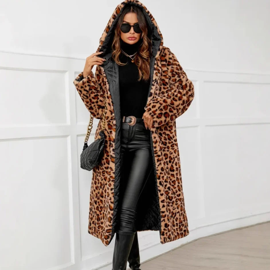 2024 High Street Leopard Print Long Faux Fur Coat Jacket For Women Autumn Winter Fur Coats Fashion Casual Loose Warm Top Jackets