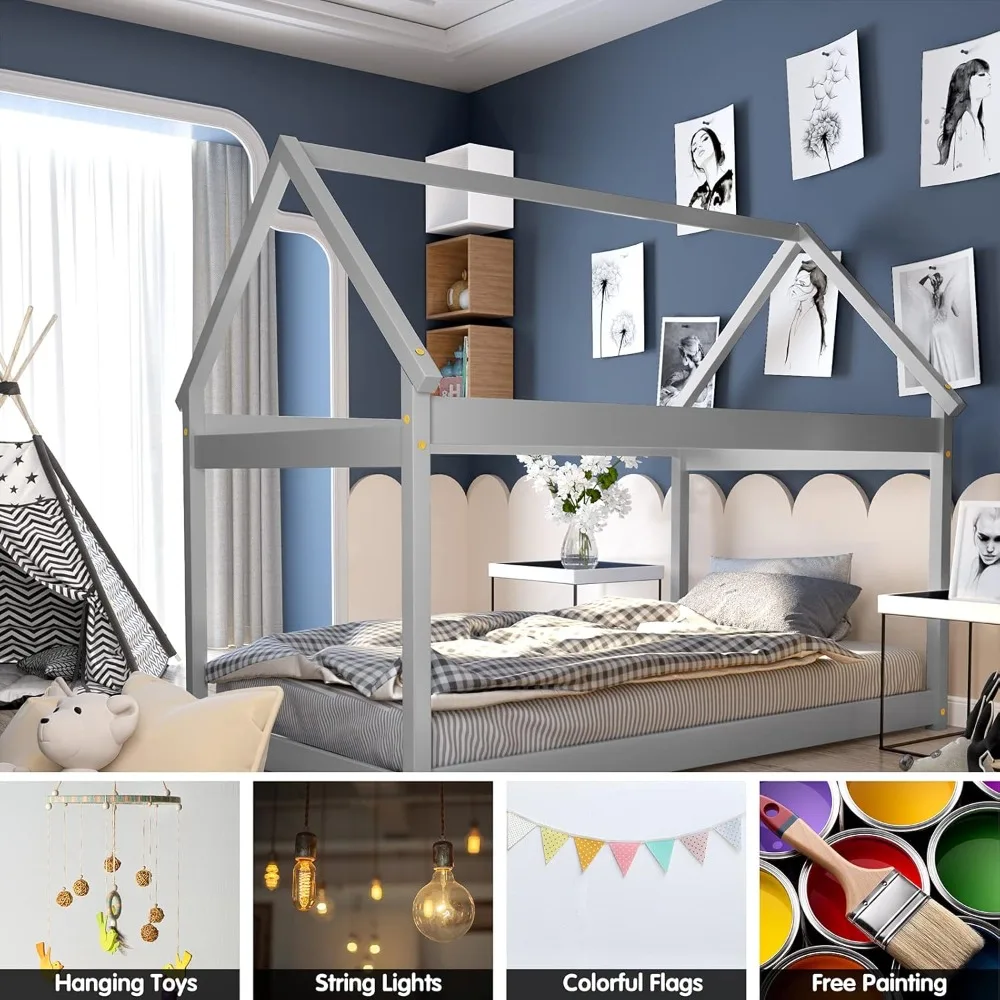 سرير توأم هاوس، سرير منخفض الطابق مع سقف، سرير أرضية مونتيسوري، لا حاجة إلى صندوق زنبركي، إطار سرير خشبي مزدوج الحجم للأطفال #3