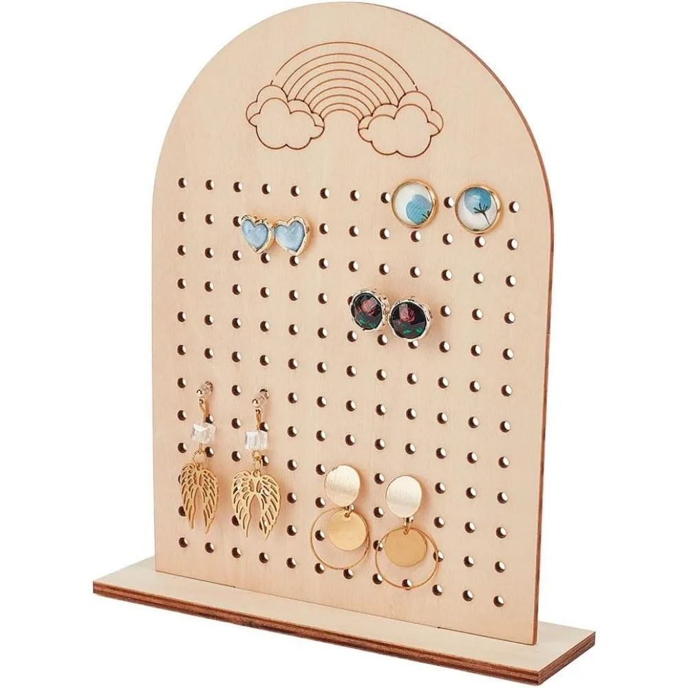 Wood Earring Display Stand 144 Holes Wooden Pegboard Display Stand Earring Holder Jewelry Organizer Rack with Rainbow