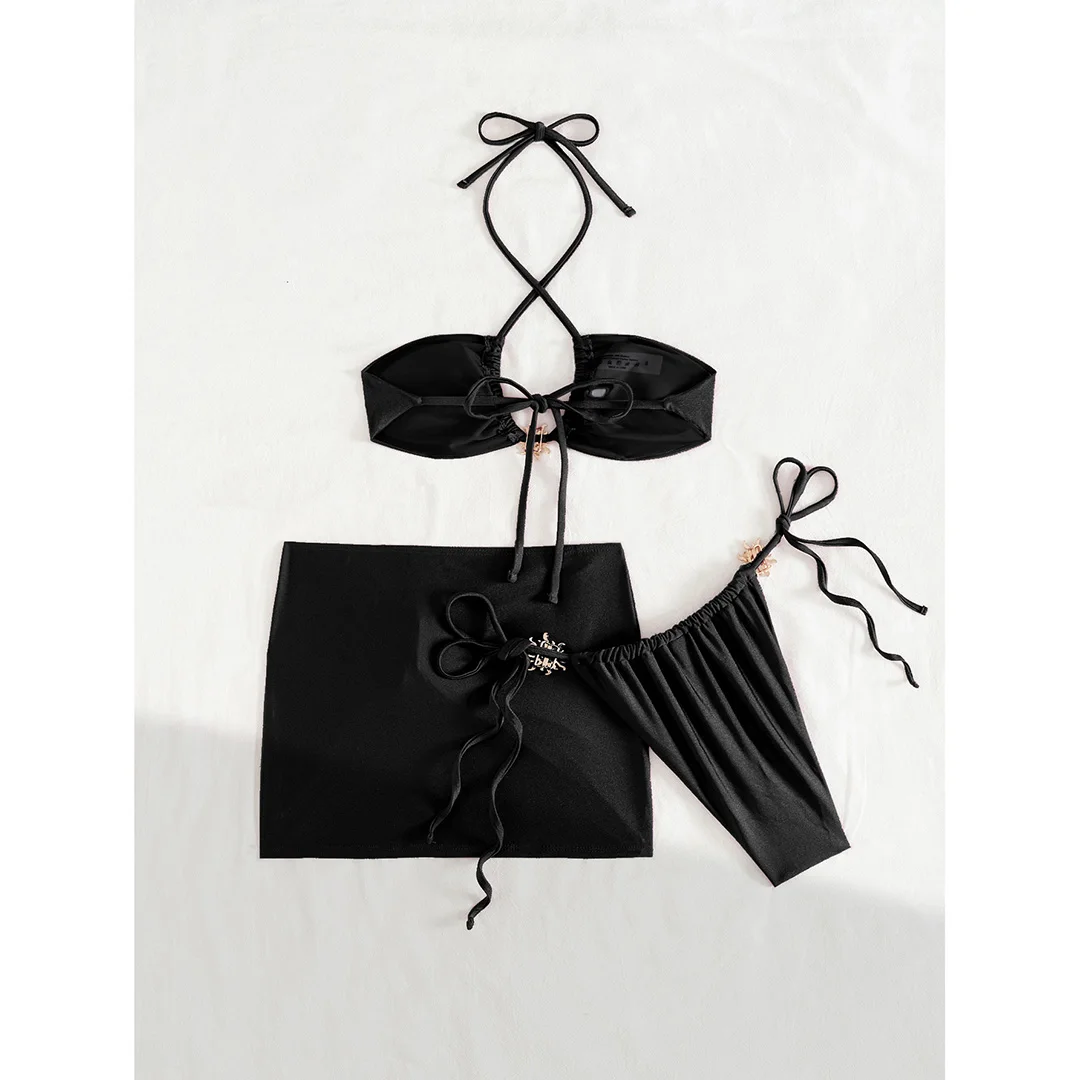 Neuer schwarzer, sexy Bikini mit Rock, Neckholder-Bikini, Damen-Badeanzug, dreiteiliges Bikini-Set, Badebekleidung, Badeanzug, Schwimmbekleidung V6398B – Detail 12