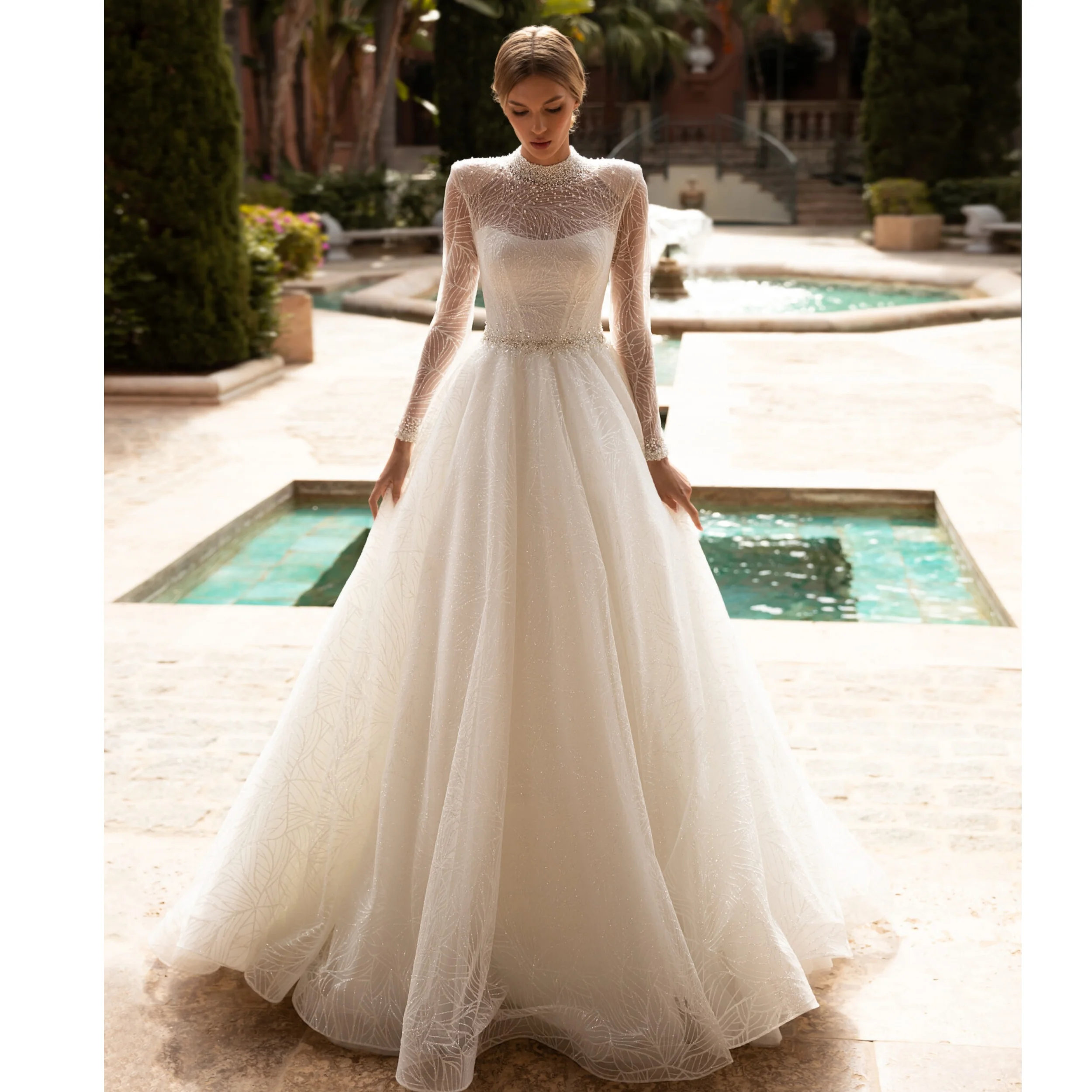 Stunning A Line Women Wedding Dress O Neck Full Tulle Sleeve Bridal Gowns Customized Shiny Beads Long Vestidos De Mariee