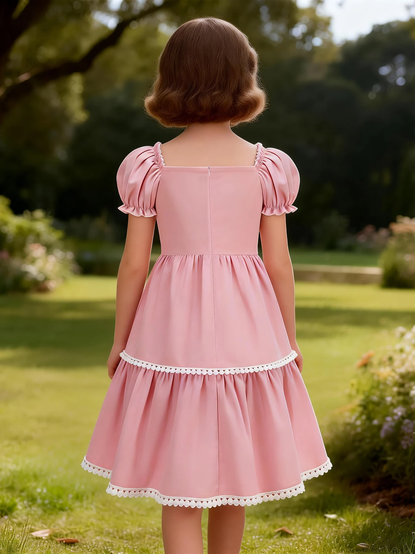 Tonval Bow Front Puff Sleeve Lace Trim Cute Pink Princess Girls Dresses 2026 Summer A-Line Plain Vintage Midi Dress for Kids