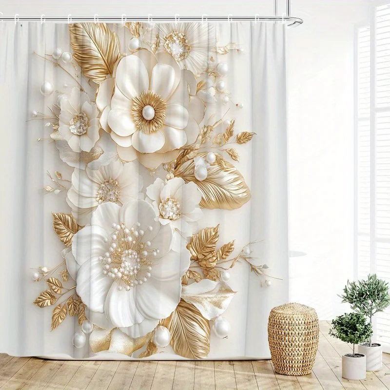 

1 шт., занавеска для душа с белым и золотым цветочным узором, полиэфирная ткань, можно стирать в машине, подходит для украшения ванной комнаты