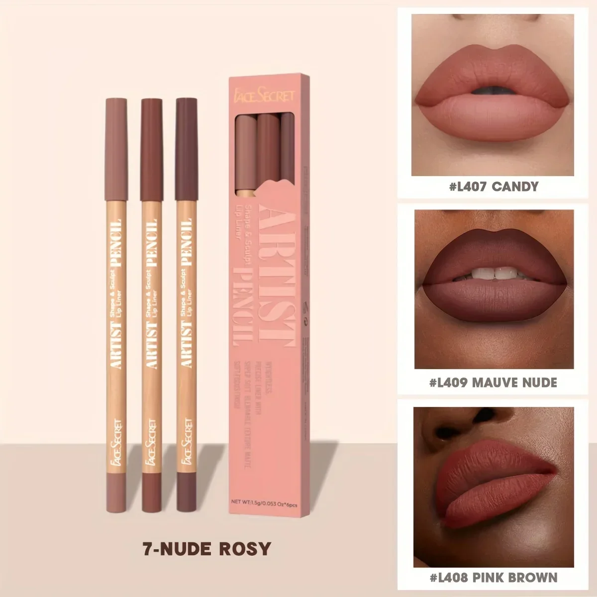 Face Secret Juego de 3 uds de delineador de labios desnudo, mate Natural, resistente al agua de larga duración, maquillaje de lápiz labial de línea de gancho de alta pigmentación