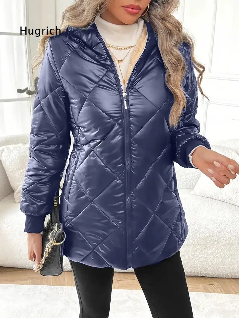 Hooded Padded Coat For Women Fleece Inner Lining Zip Closure Long Sleeve Outer Top For Cold Season Daily Street Wearing