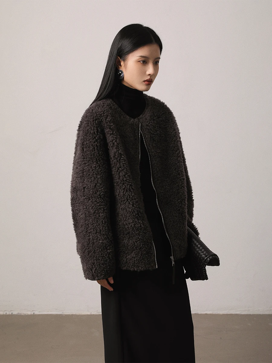 Vimore 00% ウールフロッキーレザーショートコート女性の冬用アウターウェア高級シルエット暖かさ一体型デザイン通勤スタイル