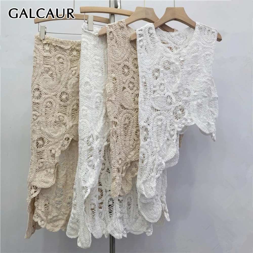 GALCAUR sólido empalmado ahuecado conjunto de dos piezas mujer cuello redondo sin mangas Top Vintage Boho falda de mujer conjuntos moda nuevo estilo