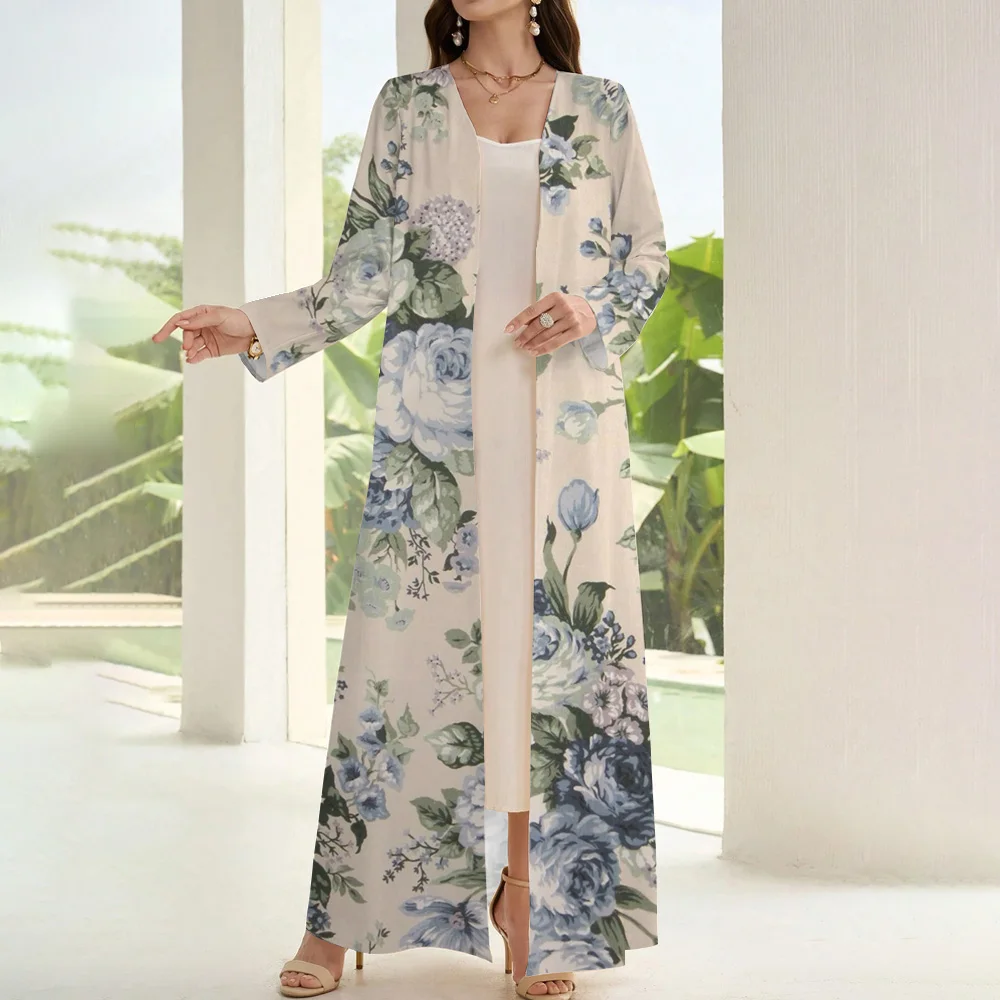 Demure Femme Muslim Islamic Abaya 2024 Ramadan Clothing Long Sleeve Fake Two Pieces Open Kimono Print Abaya Dubai Luxury Abaya