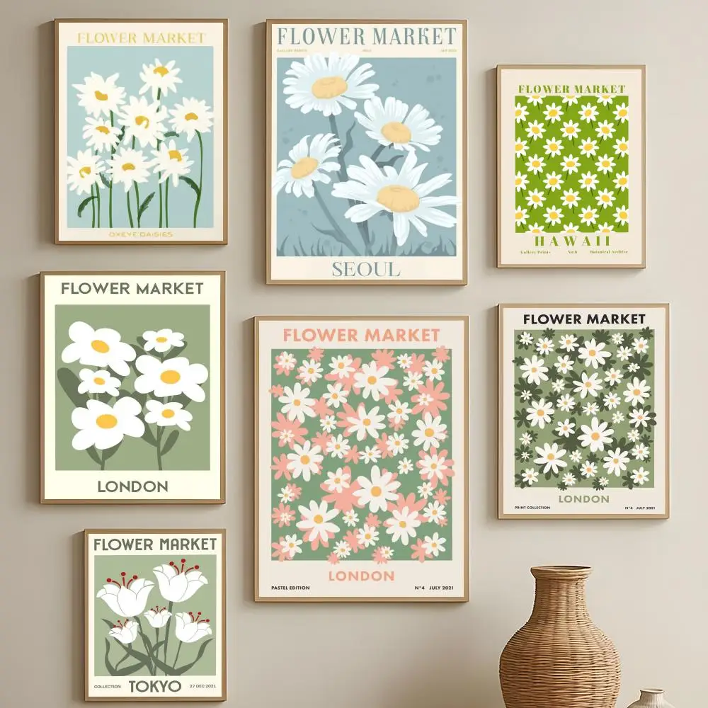 Art Flower Market Daisy Poster HD Self-Adhesive Waterproof Wall Art Easy to Apply Multi-Scene Decor