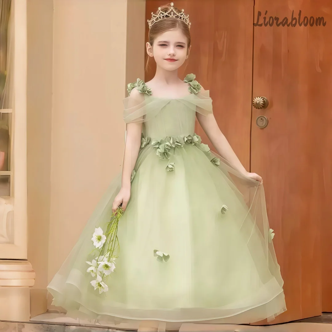 

Girls' Green Strappy Dress Floral Embellished Mesh Flower Girl Gown Layered Voluminous Party Dress Full Skirted Wedding Attire