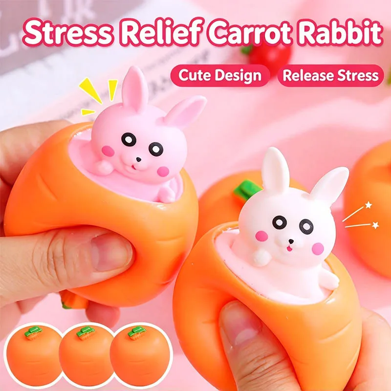 Squishy Rabbit in Carrot Fidget Toy Pop Up Stress Relief Novelty Easter Gift for Kids Adult Sensory Squeeze Interactive Fun Cute