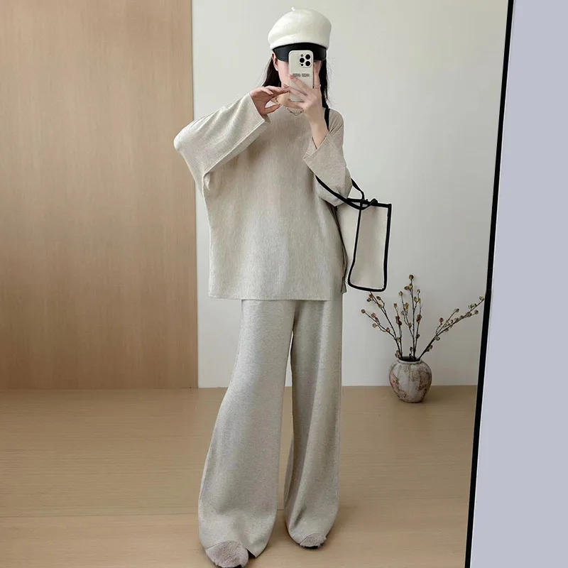 Women's Pure Wool Knitted Suit Lady Fashion Round Neck Loose Soft  Sweater High Waisted Elastic Wide Leg Pants Two-Piece Set