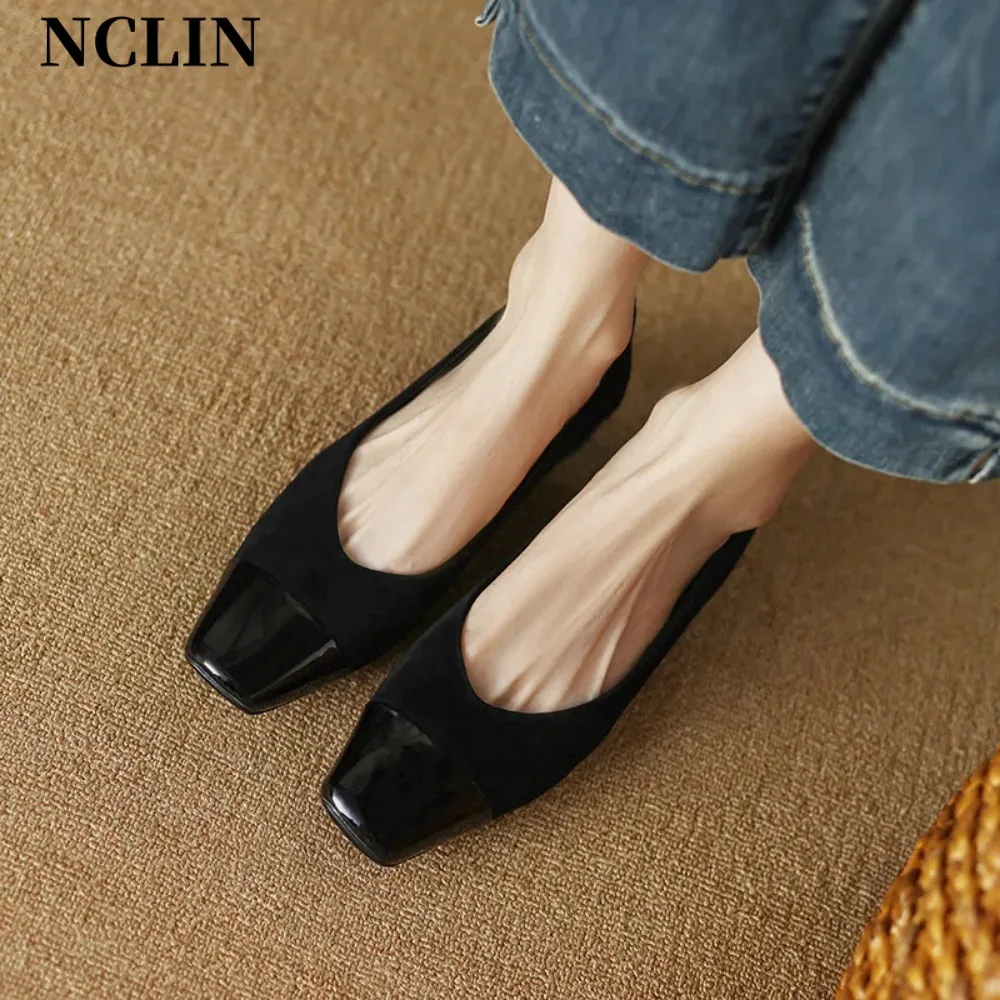NCLIN Spring Autumn Basic Women Pumps Splicing Kid Suede Leather Square Toe Low Heels Concise Office Ladies Casual Shoes Woman