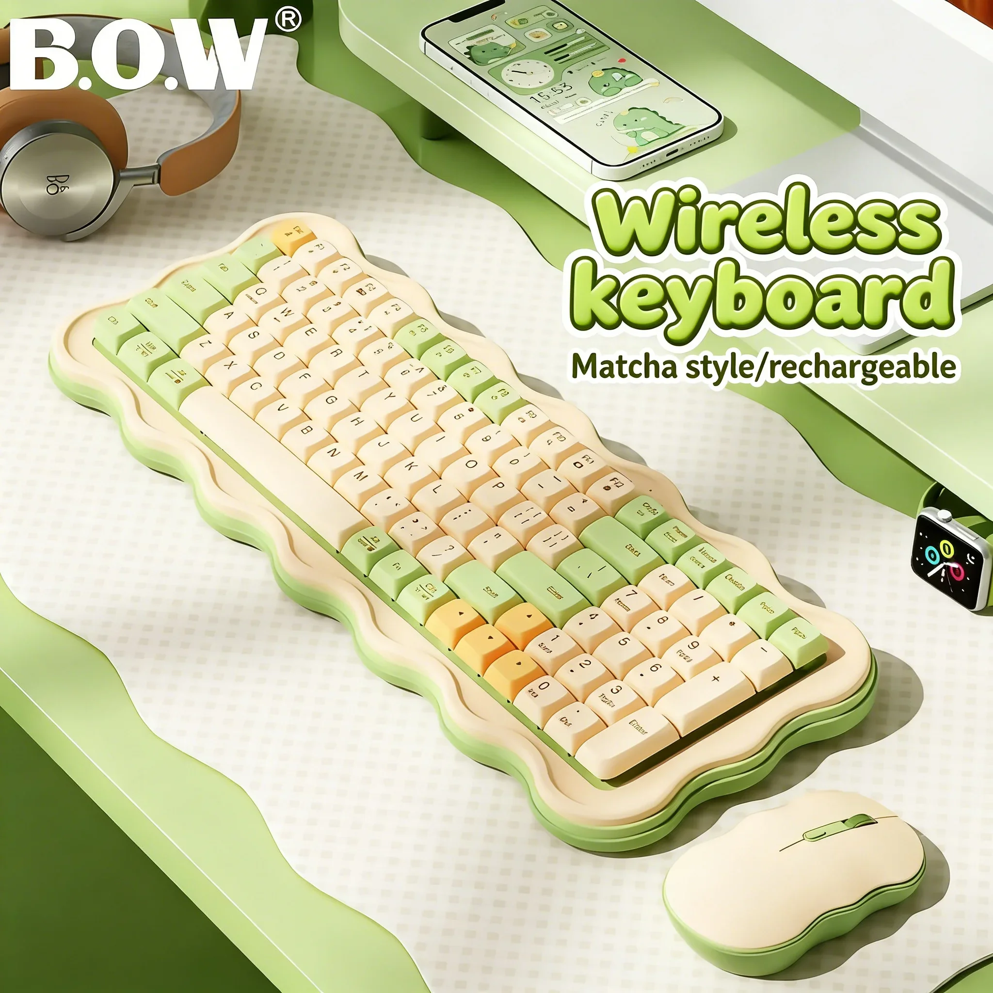 Cute Wireless Keyboard Matcha Green 98 Key Silent Click Type-C Rechargeable Ergonomics Office Gaming For Laptop PC