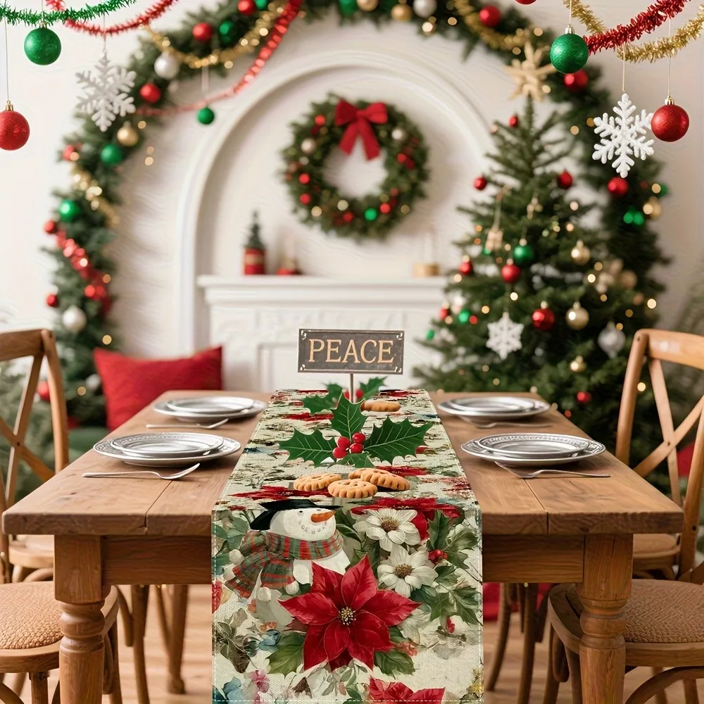 

DOKRIY Snowman Christmas Tablecloth Multiple Sizes 2D Print Snowman Holly Berry Theme Water Resistant Poly Cotton Blend Holiday