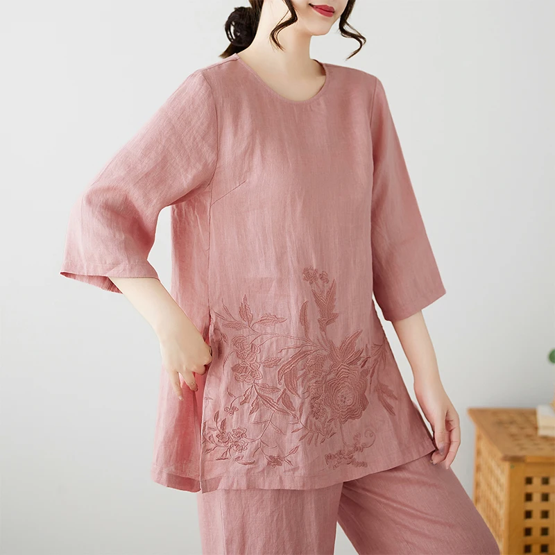 

Женский премиум-комплект больших размеров: брюки с высокой талией и топ с круглым вырезом, вышитый, новый стиль, весна-лето, двухсоставный костюм