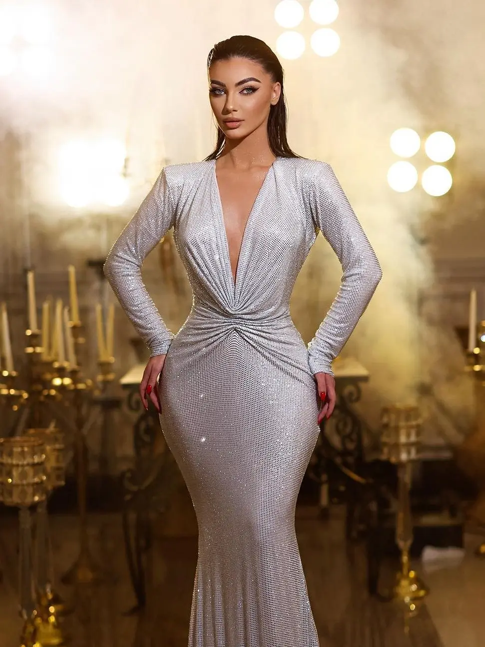 Silver Deep V-Neck Formal Prom Gowns Cocktail Dresses  Sequins Tailing Suspenders Birthday Dress for Women Luxury 2023