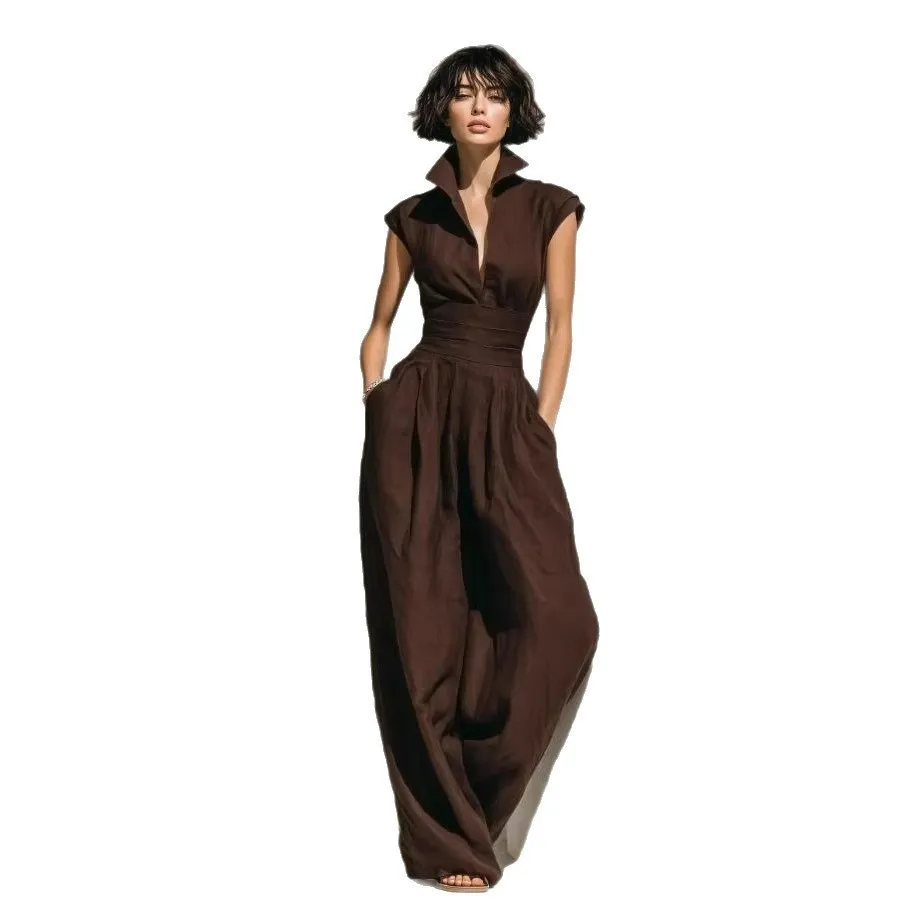 Women's Korean Style Sleeveless Solid Color Loose Fit Mid Waist Woven Thin Casual Pants Jumpsuit for Woman Elegance Women