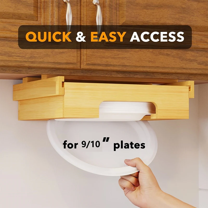 9/10-Inch Bamboo Paper Plate Dispenser - Under Cabinet & Countertop Holder For Kitchen Caddys For Plates Universal