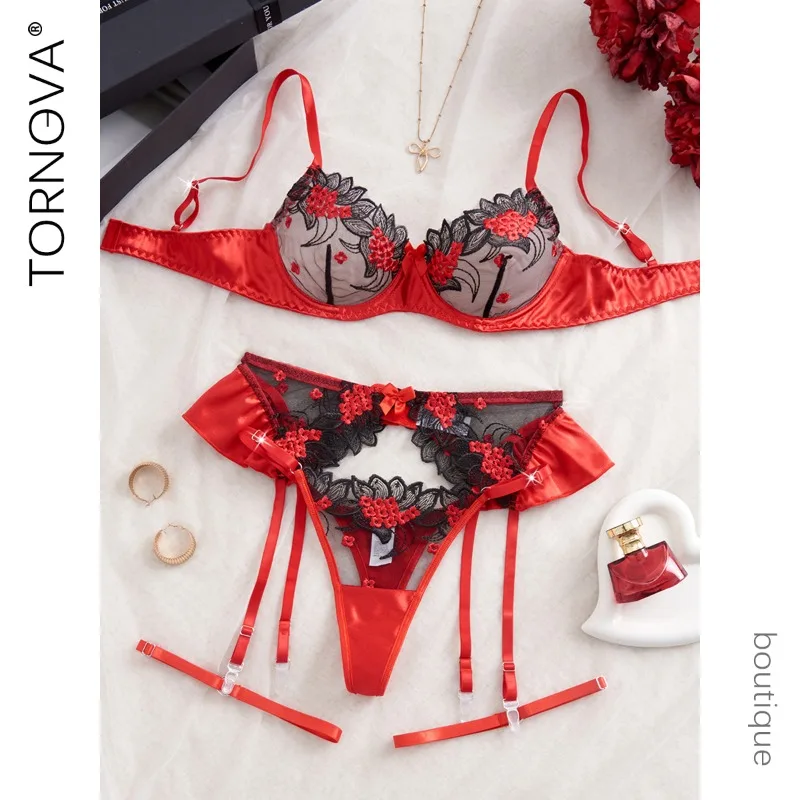 

Tornova Valentine's Day Erotic Lingerie Floral Embroidery Mesh See-through Bodyshaping Patchwork Seductive Premium Underwear Set