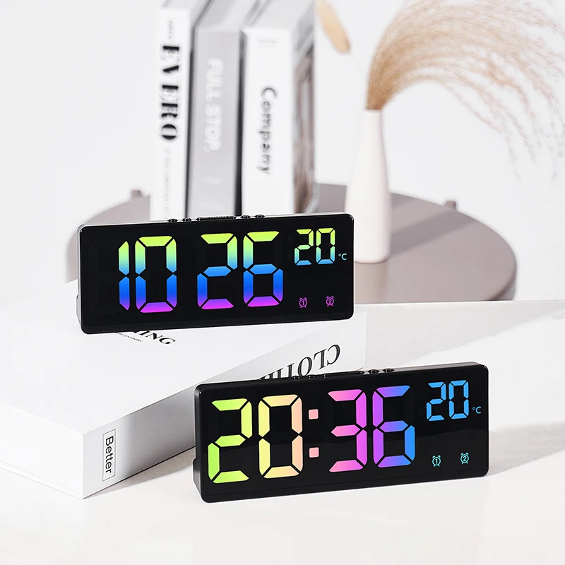 Colorful Digital Alarm Clock Voice Control Temperature Date Dual Alarm Snooze Table Clock Night Mode 12/24H LED Clock Watch