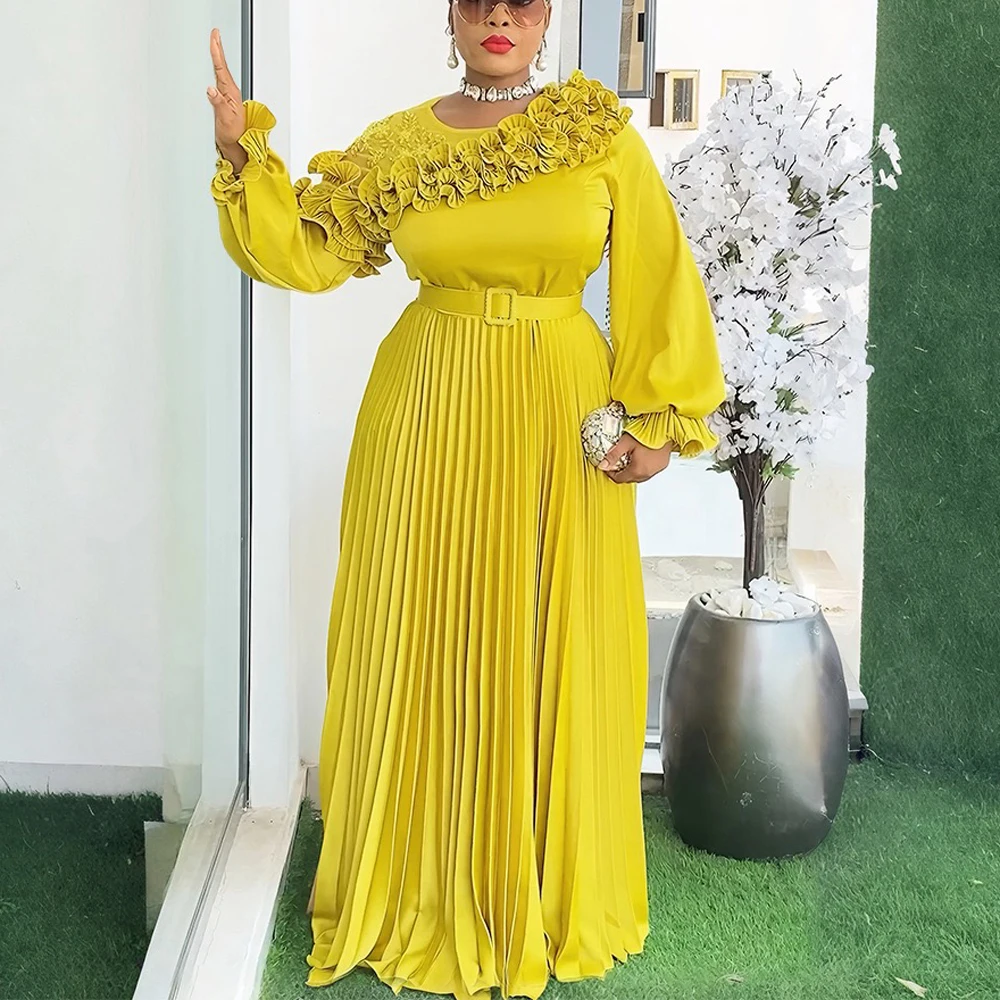 

Luxury African Dress Plus Size for Women 2025 New Ruffles Belt Waisted Pleated Floor Length Fashion Turkey Dashiki Ankara Dress