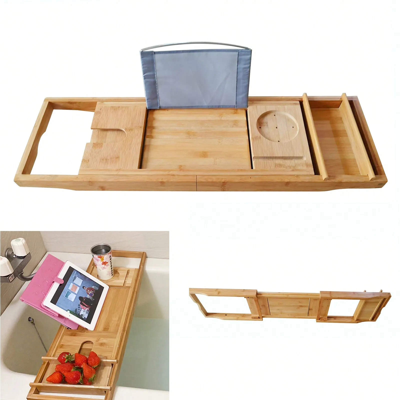 Bathtub Tray Bamboo Caddy For Tub Bath Accessories Foldable Tray For Bathtub Bath Organizer For Wine Book Soap