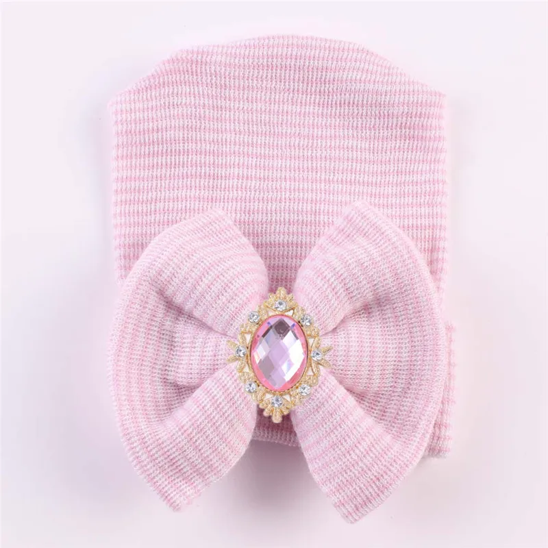 Newborn Baby Hospital Hat Soft Cotton Cute Big Bow Beanie Cap Stripe Infant Hat