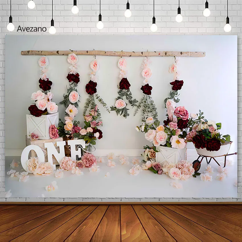 

Avezano Backdrop For Photography Pink Floral Girl 1st Birthday Party Smash Cake Princess Flower Background Photo Studio Decor