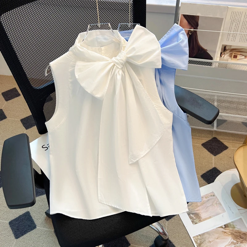 Elegant Sleeveless Blouses With Bows Stand Collar Sweet Korean Shirt Luxury Vest Loose Japanese Ropa Summer New Blusas Mujer Top