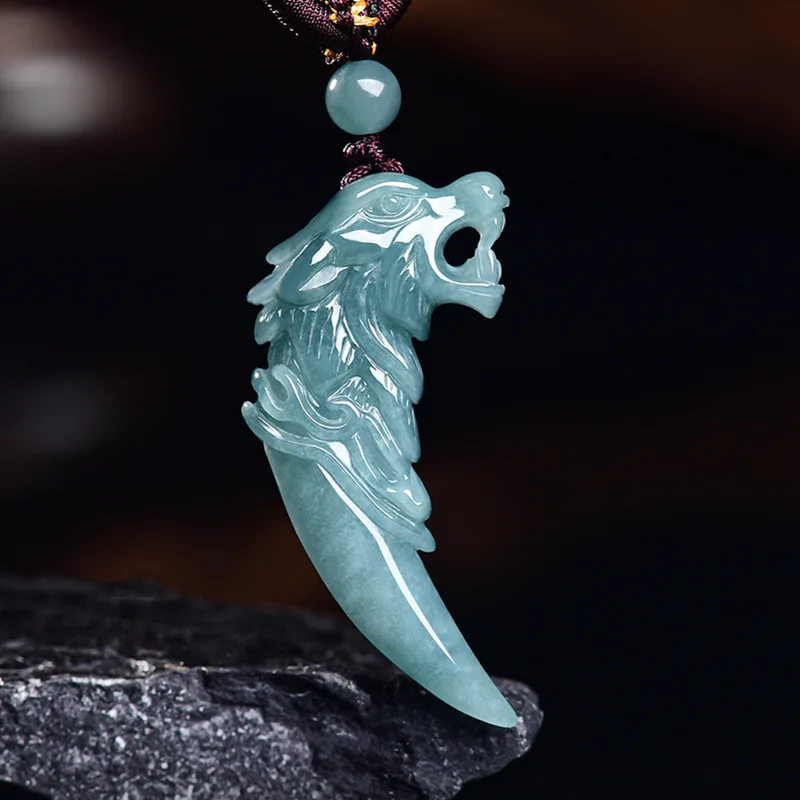 Genuine natural jadeite blue water tooth , waxy ice jade wolf totem pendant, high-end for both men and women