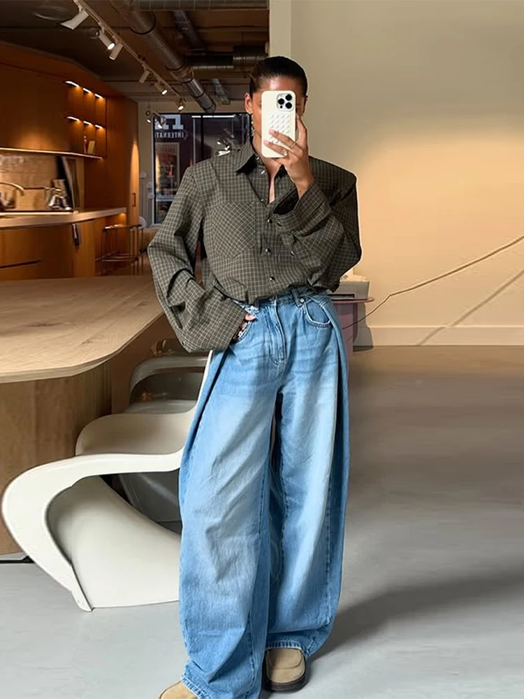 

Fashion Plaid Shirts Women Lapel Long Sleeves Single Breasted Shoulder Pad Blouse 2025 Autumn New Female Casual Streetwears