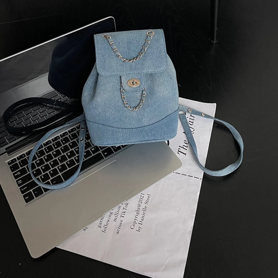 Women Korea autumn winter mini chains backpack female ins student denim blue shoulder bag travel bagpack girls rucksack mochila