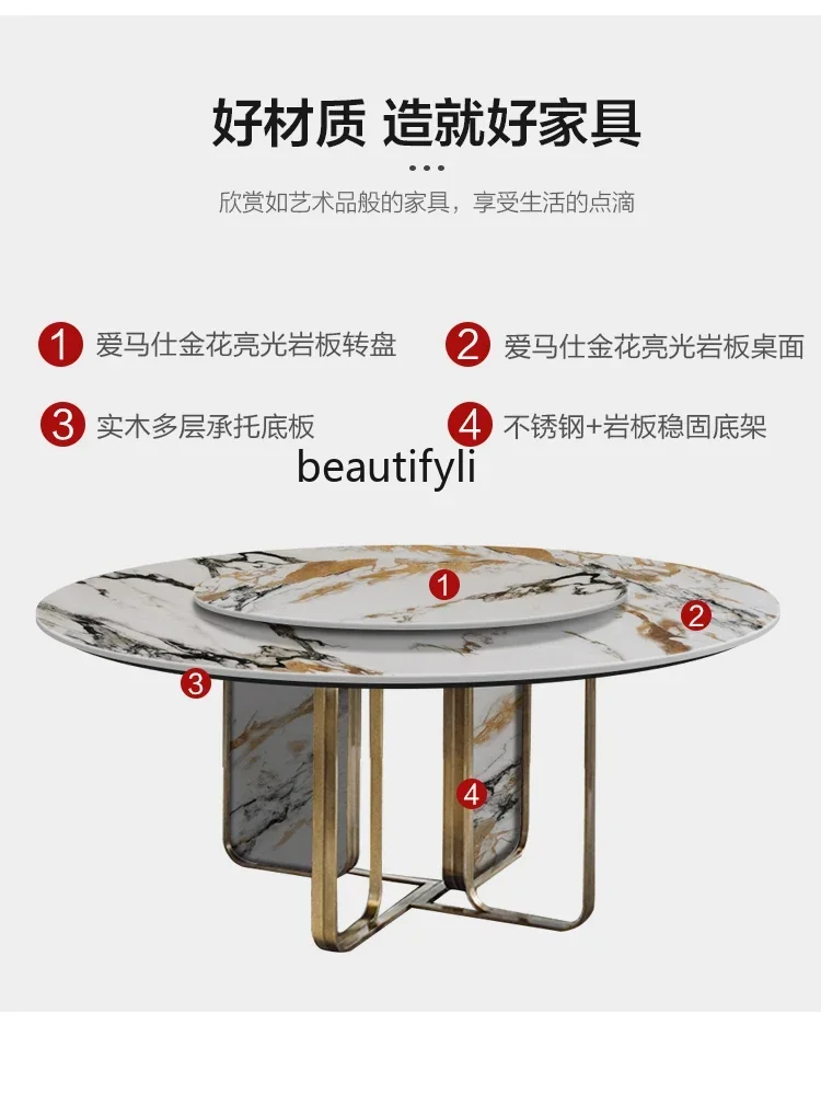 

Cy Italian Rock Slab Dining Table Light Luxury Round Table With Turntable All Marble Dining Table And Chair Combination