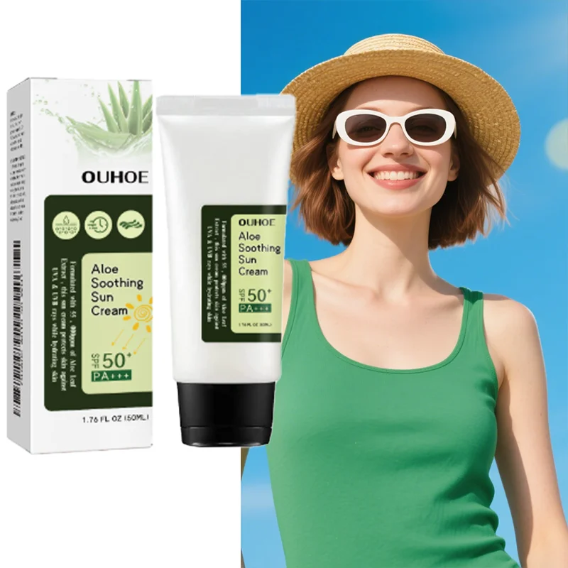 Crema solar calmante de aloe SPF50+PA++Protector solar de 50 ml proporciona alta protección solar Aislamiento UV, hidratación, no graso Hidratante