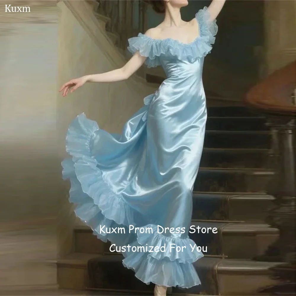 Kuxm Satin Korean Women's Formal Evening Gowns Strapless A Line Vestidos De Fiesta Off The Shoulder Prom Gowns Customized