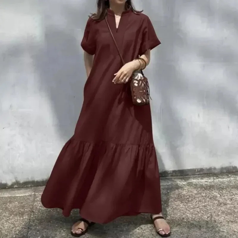 

Women Maxi Dress Elegant Stand Collar Maxi Dress with Side Pockets Women's A-line Swing Dress with Pleated Patchwork for Women