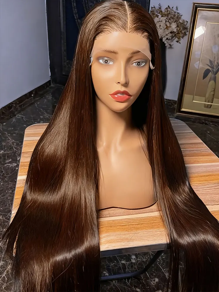 

Парик из бразильских натуральных волос, прямой, шоколадно-коричневый, с прозрачной кружевной основой 13x4, плотность 250%, предварительно выщипанный